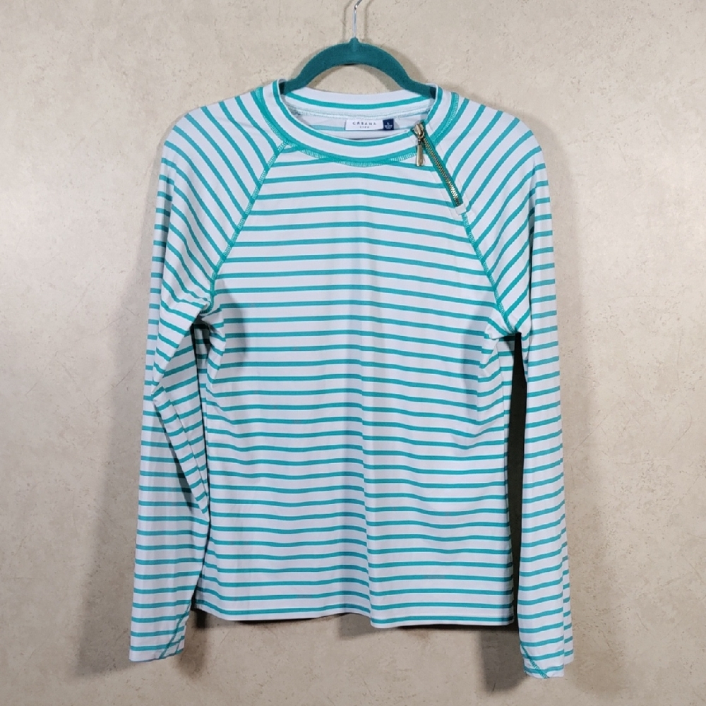 Cabana Life L/S white w/aqua stripes knit swim shirt L